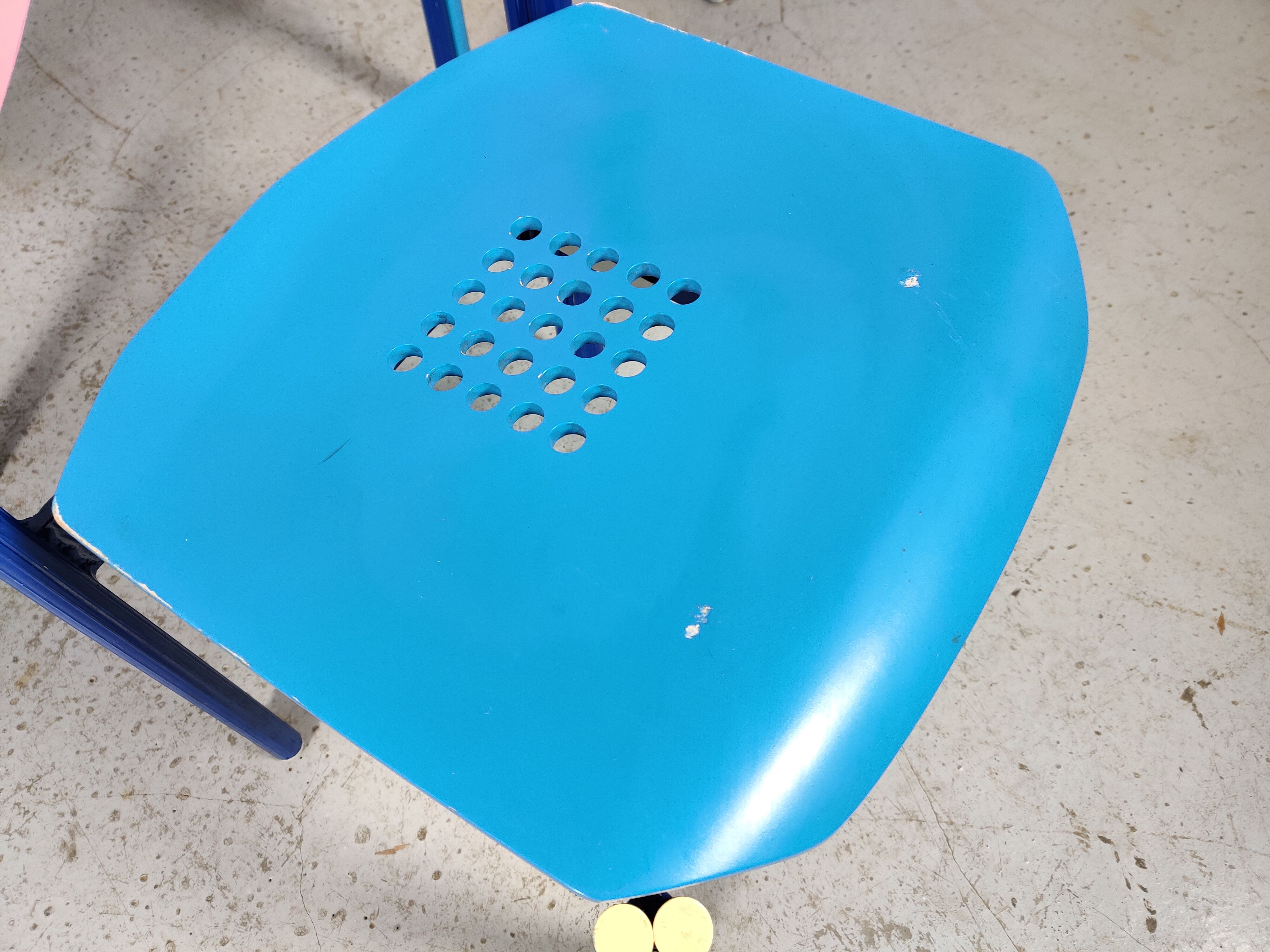 12 multicolored chairs wood and metal, 80s