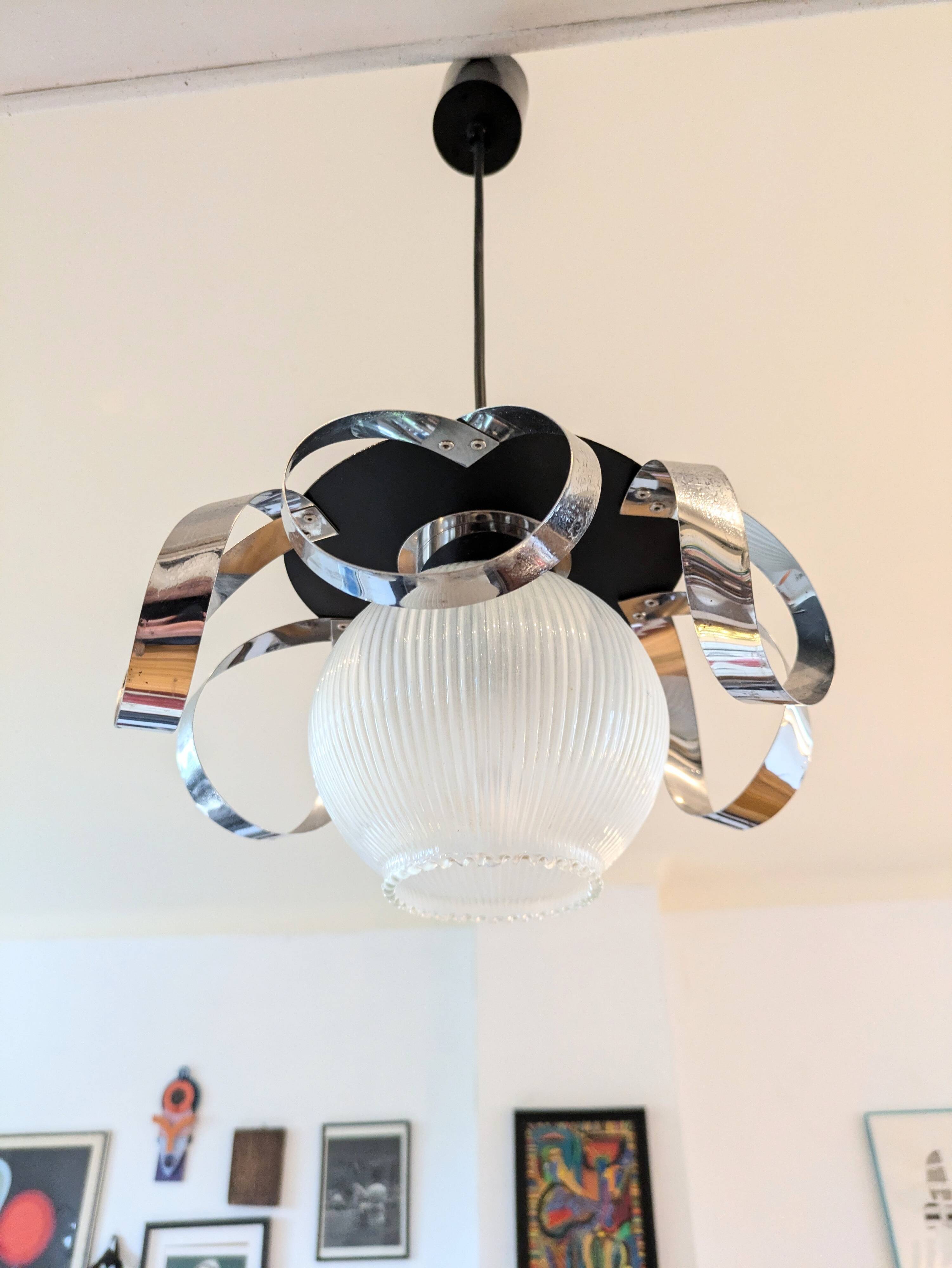 Space Age stainless steel and glass pendant light from the 70s