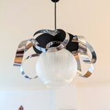 Space Age stainless steel and glass pendant light from the 70s