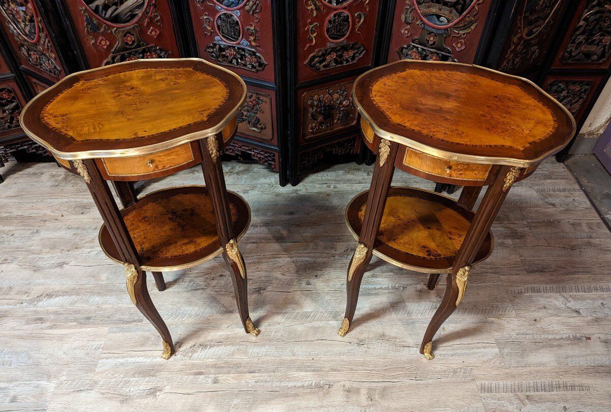 Pair of Louis XV style bedside tables in marquetry