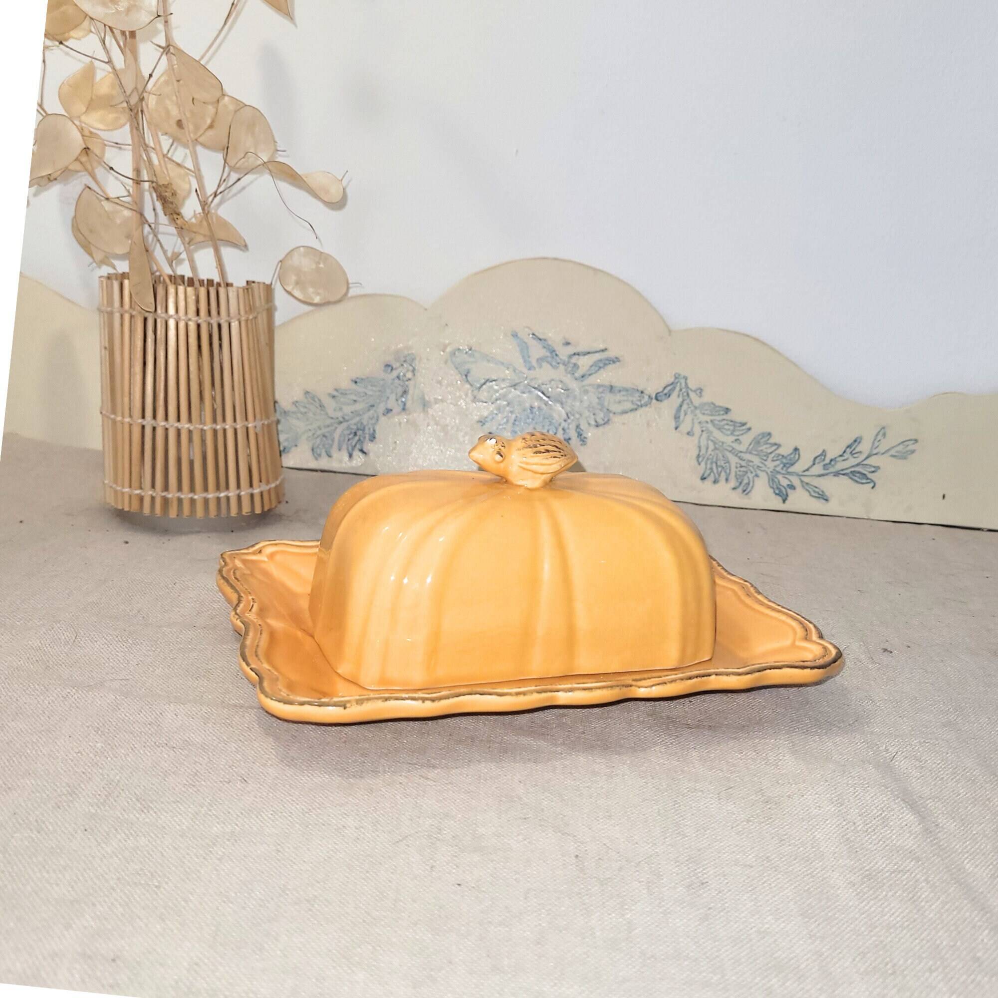 Antique yellow ceramic butter dish with bee decor, vintage Provençal style