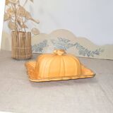 Antique yellow ceramic butter dish with bee decor, vintage Provençal style