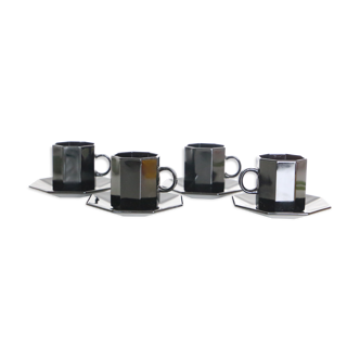 Set de 4 tasses et sous tasses noires, expresso, arcoroc, série octime, 1980