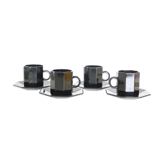 Set of 4 cups and black cups, espresso, arcoroc, octime series, 1980
