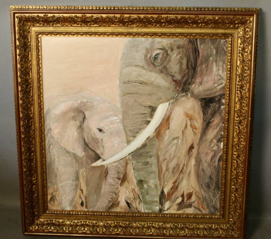 Framed oil on canvas "2 elephants"