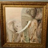 Framed oil on canvas "2 elephants"