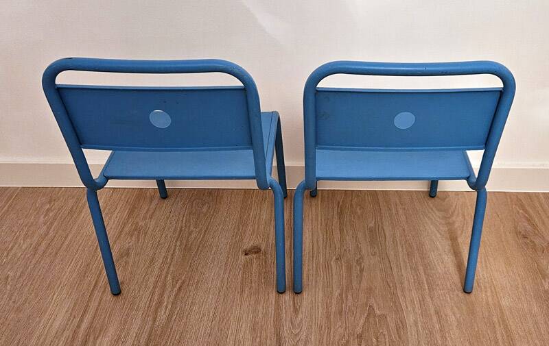 Pair of vintage blue metal school chairs – 1960s