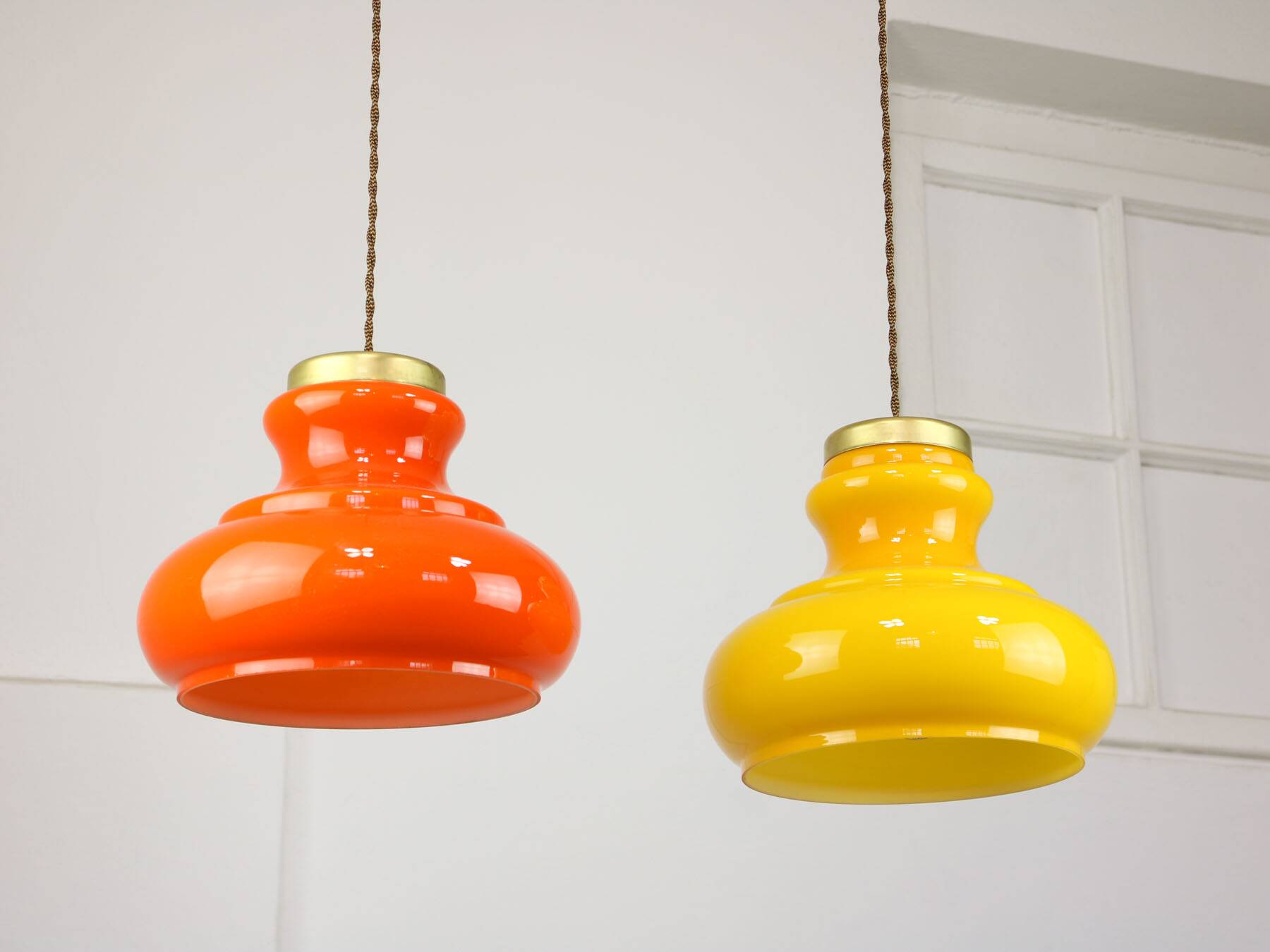 Mid-century italian glass & brass pendant lamps, set of 2