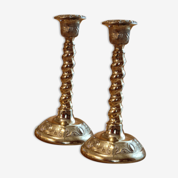 Pair of twisted brass candle holders made in England