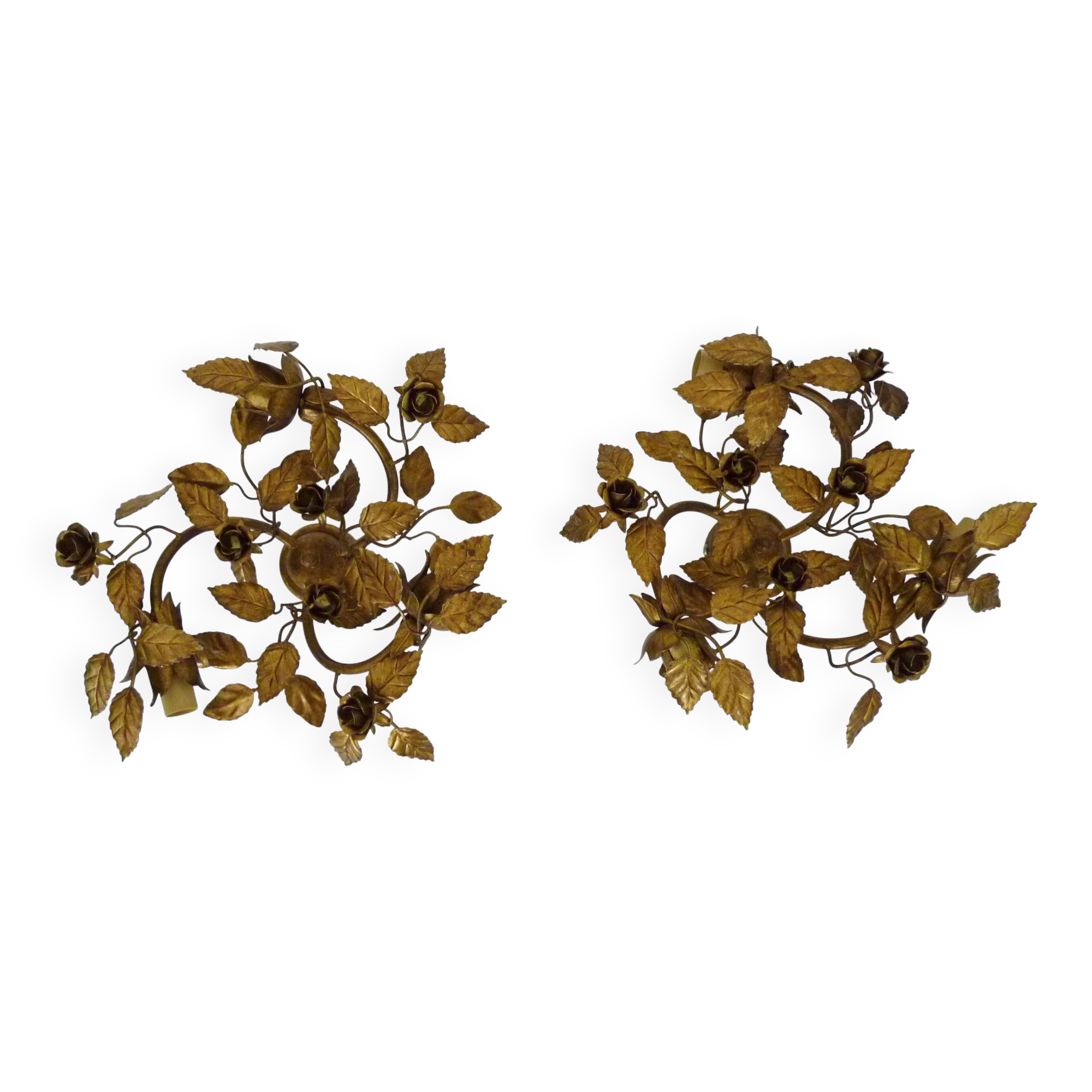 Paire d'appliques feuillages et fleurs doré à 3 feux, Italie, années 70 80