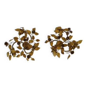 Pair of 3-light gold leaf and flower wall lights, Italy, 1970s-80s