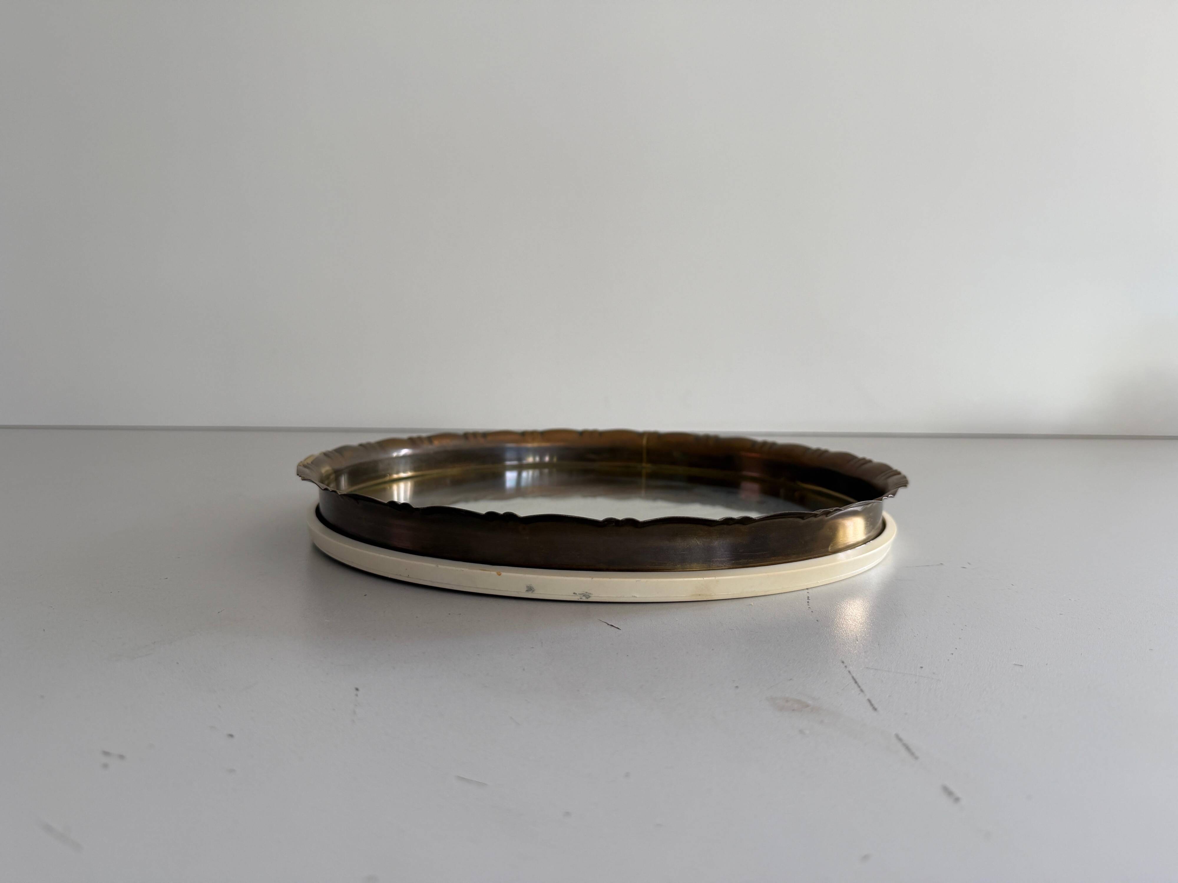 Round wall mirror with brass frame and leather hanger, 1960, Germany