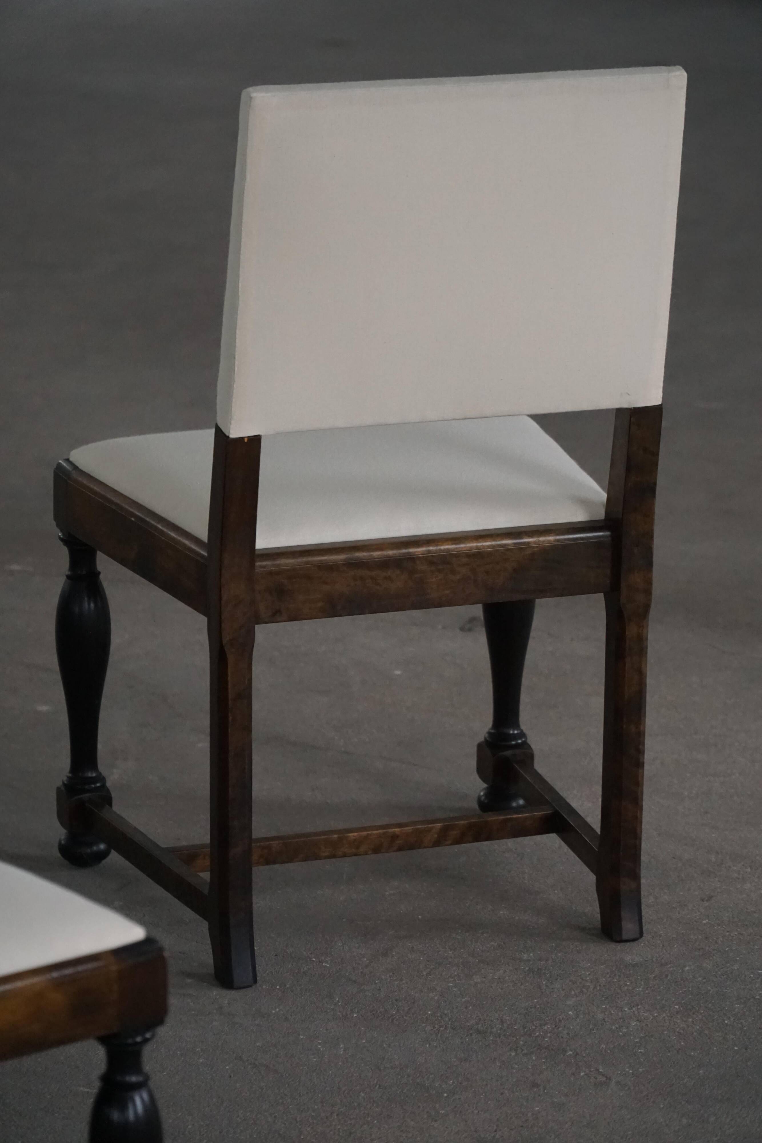 Set of 6 Swedish Grace dining chairs in birch with new upholstery, 1920s.