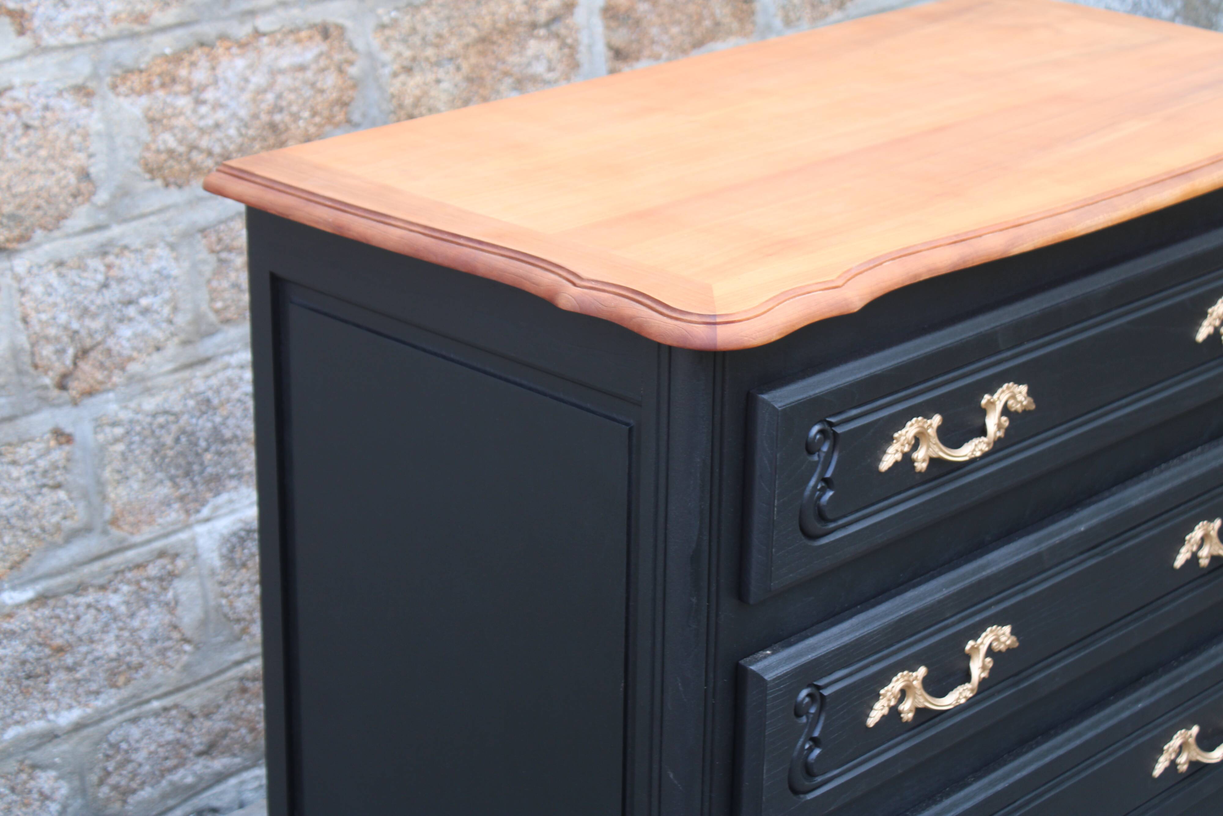 Louis XV style black commode with natural wood top – 3 drawers