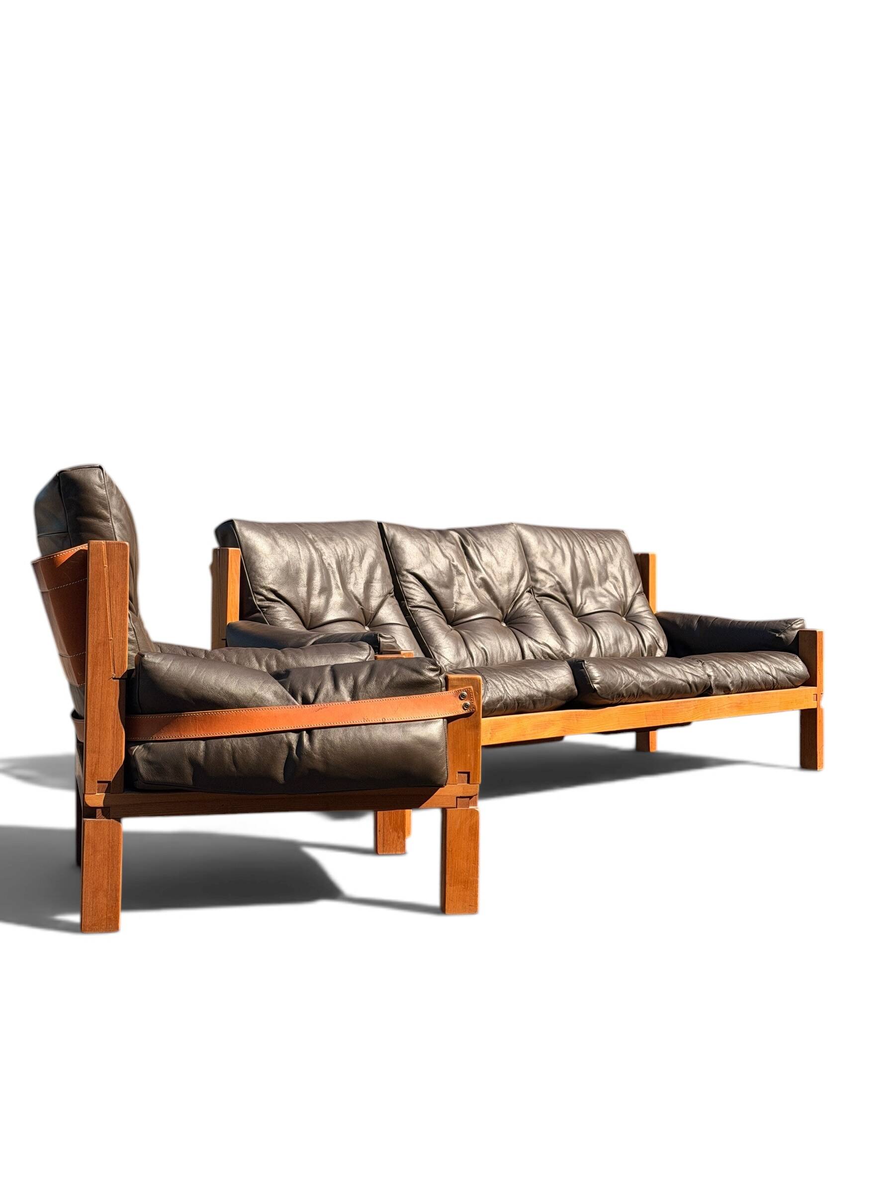 Ensemble Salon Pierre Chapo - Canapé S32 & Fauteuil S15 - Orme & Cuir Brun