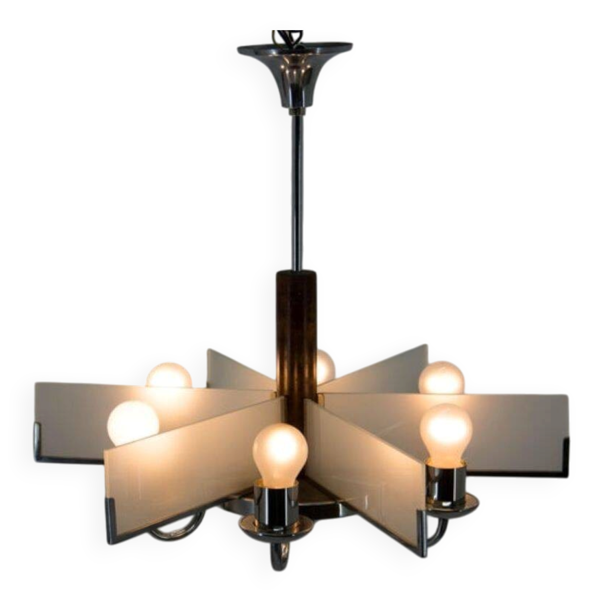 Six-Arm Art Deco Chandelier in Chrome and Sandblasted Glass, 1940s