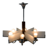 Six-Arm Art Deco Chandelier in Chrome and Sandblasted Glass, 1940s