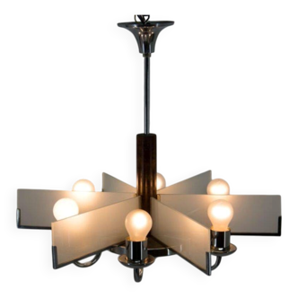 Six-Arm Art Deco Chandelier in Chrome and Sandblasted Glass, 1940s