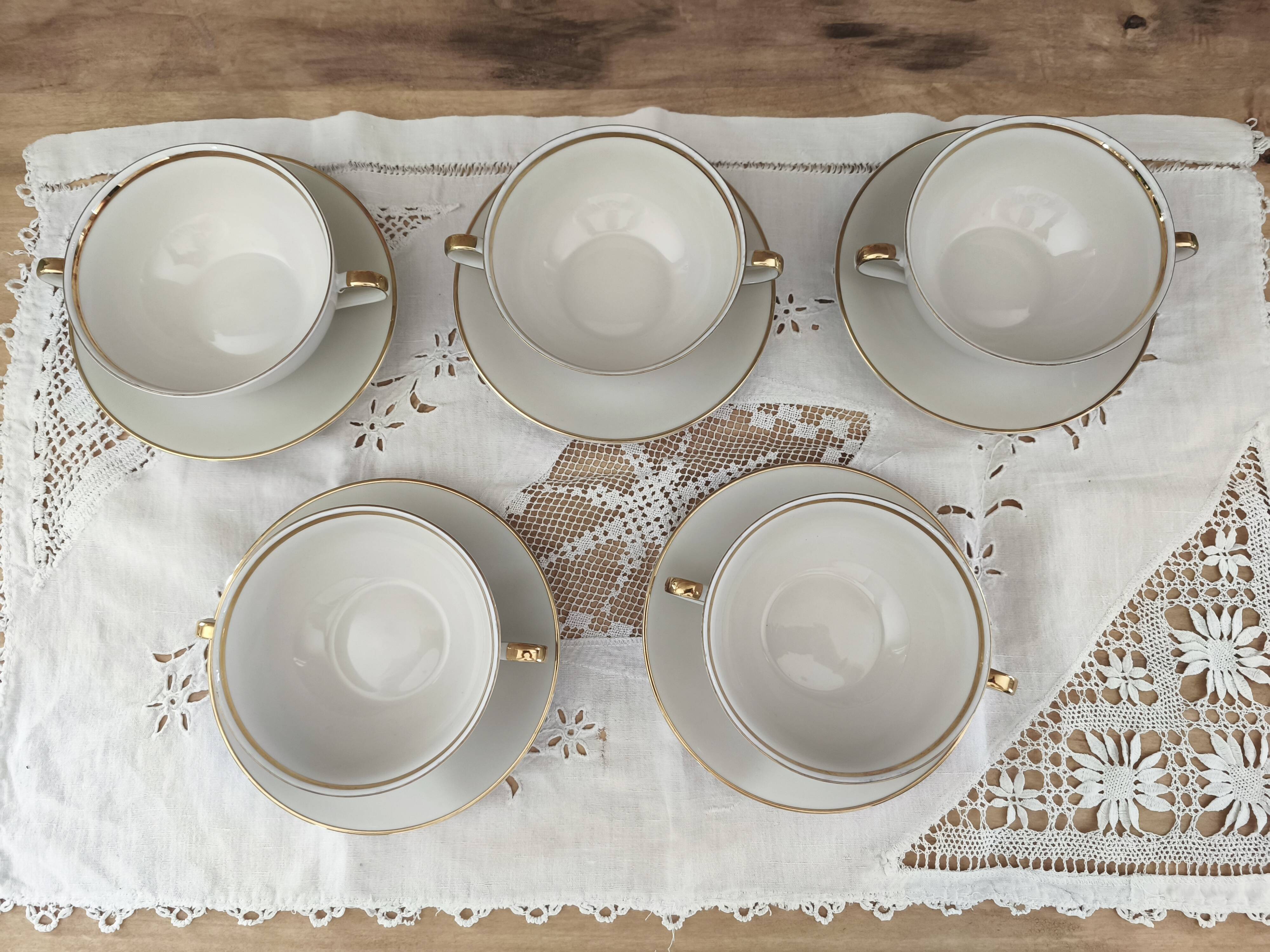 Set of 5 Bavaria porcelain soup bowls with 2 handles, beige, gold edging