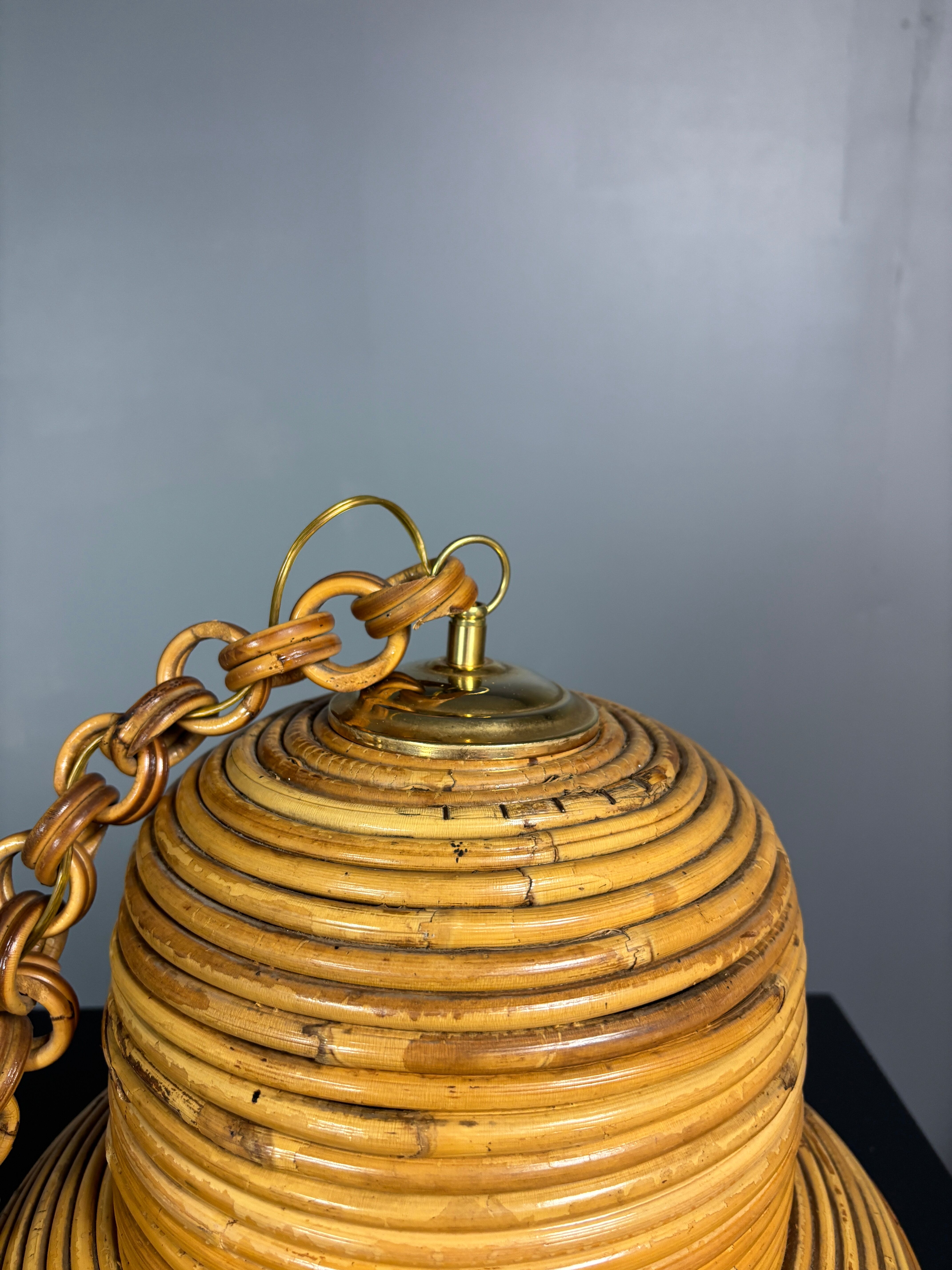 Midcentury Italian pencil reed rattan bamboo and brass hanging lamp pendant