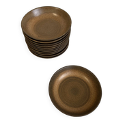 6 assiettes creuses en grès émaillé marron Longchamp, années 1970