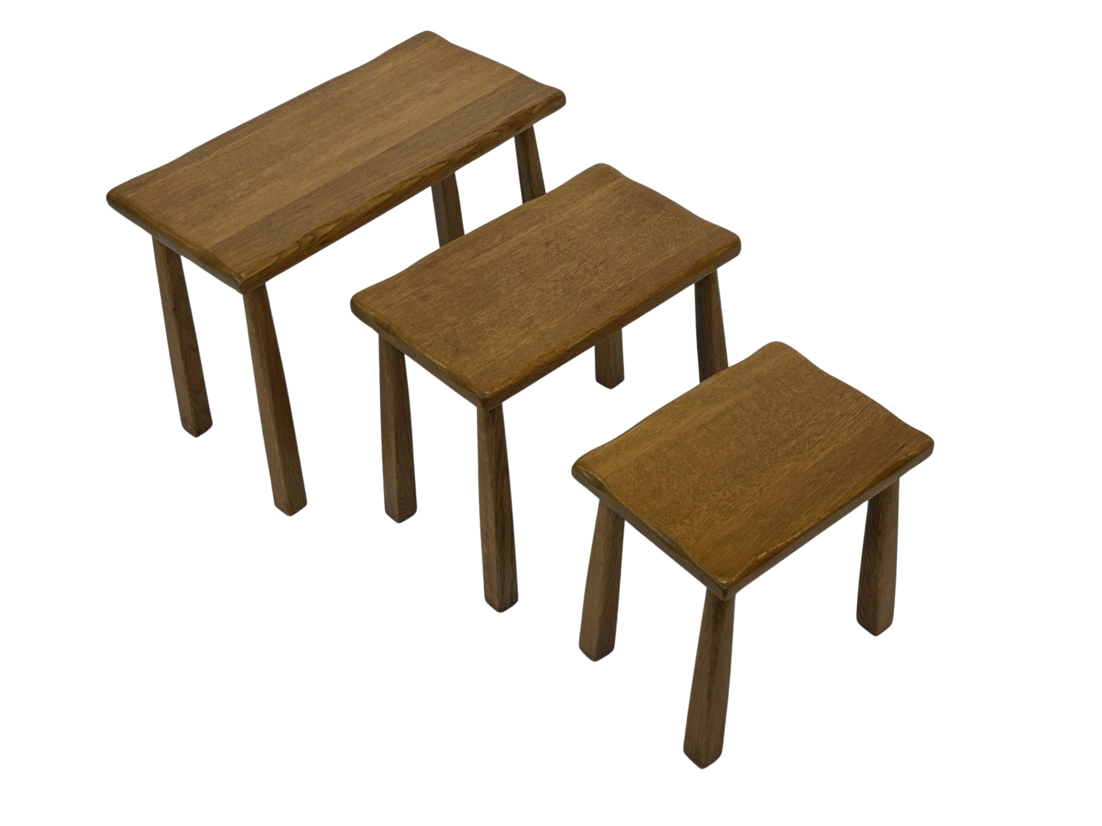 Vintage Set of 3 brutalist oak side or nesting tables 1970s