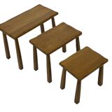 Vintage Set of 3 brutalist oak side or nesting tables 1970s