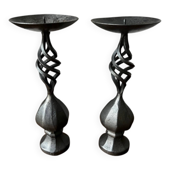 Pair of wrought iron candlesticks, black patina