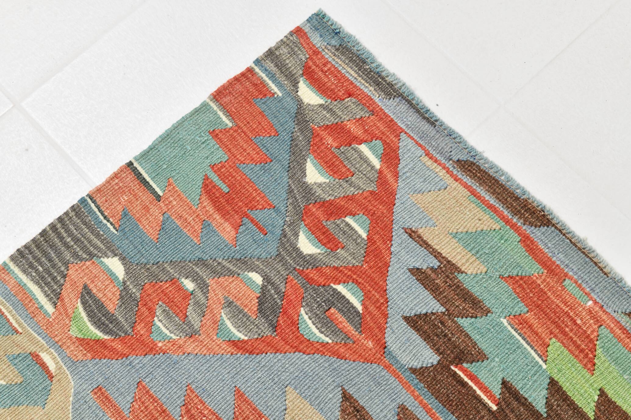 6x10 Light Blue & Green Goemetric Kilim Rug, Handmade Wool Bedroom Carpet
