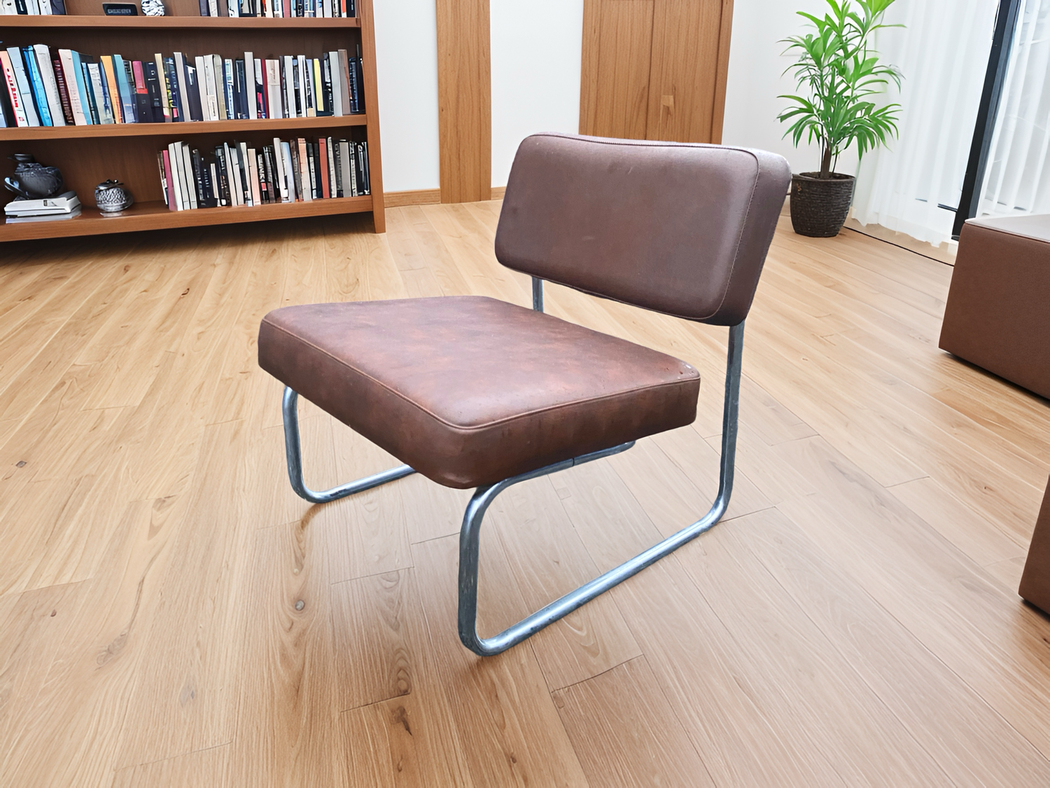 Vintage low cantilever armchair – Brown faux leather & tubular frame