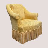 Fauteuil crapaud vintage jaune moutarde velours floqué