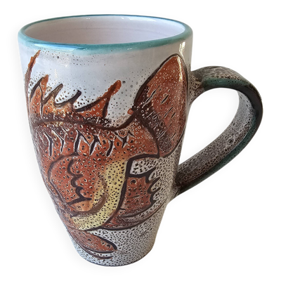 Grande tasse (Mug) en céramique décors poisson - Vallauris Années 60's