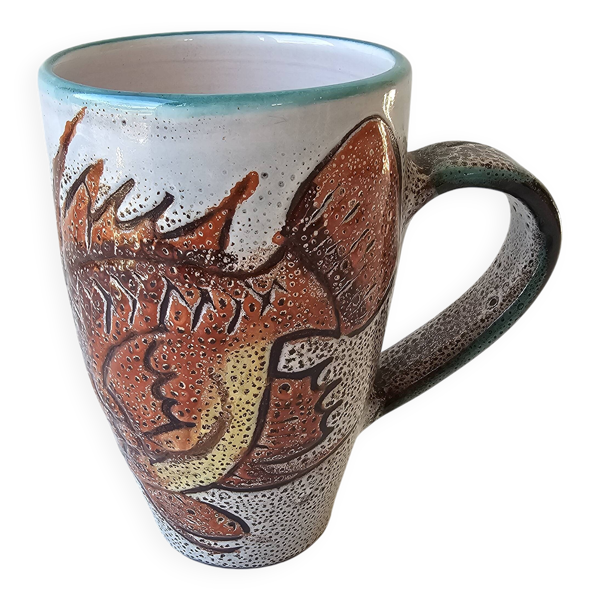 Grande tasse (Mug) en céramique décors poisson - Vallauris Années 60's