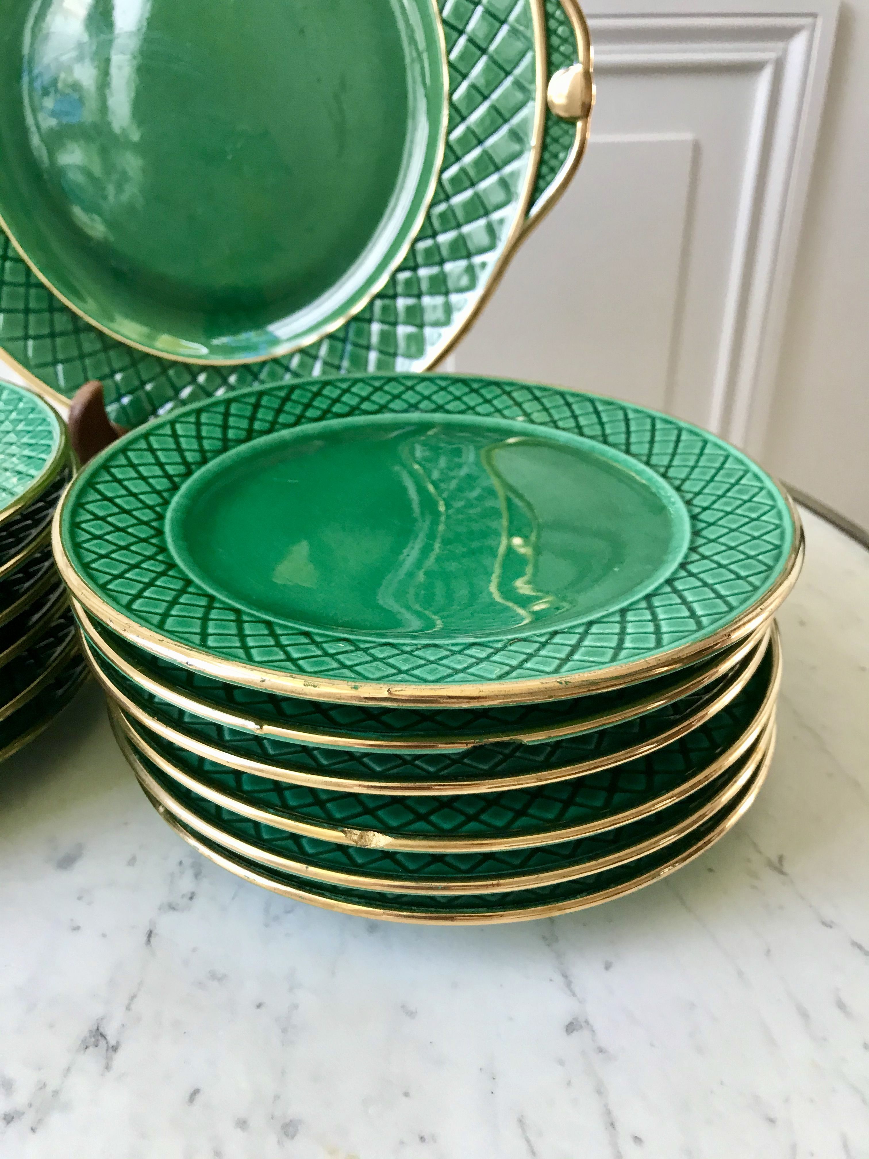 dessert service 12 dessert plates and a green and golden Art Deco cake dish 40s