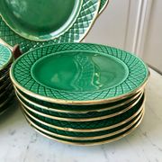 dessert service 12 dessert plates and a green and golden Art Deco cake dish 40s
