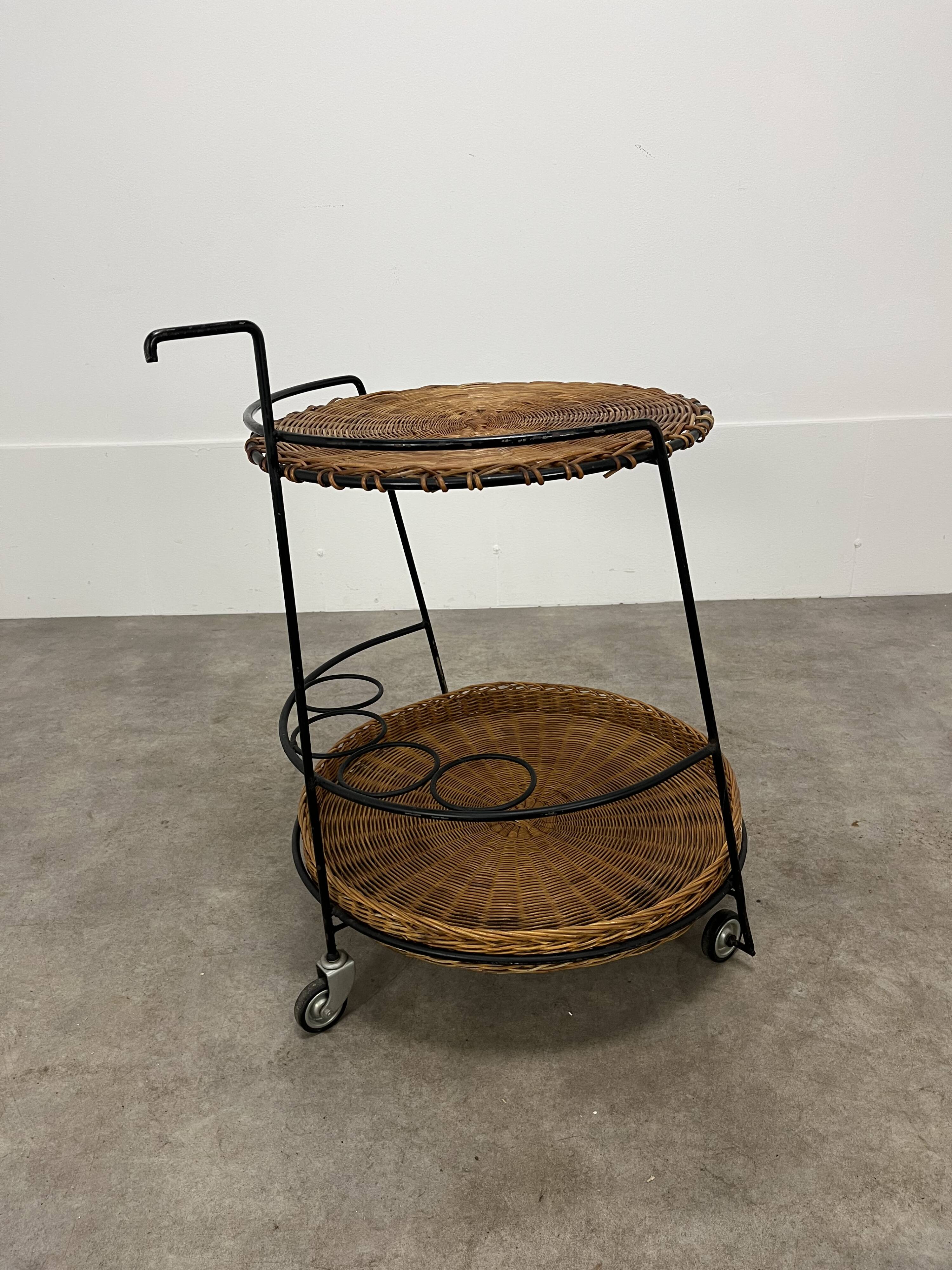 Raoul Guys style metal and rattan serving trolley from the 50s