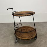 Raoul Guys style metal and rattan serving trolley from the 50s