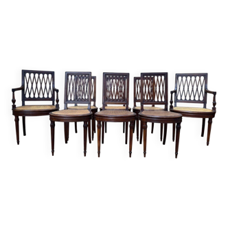 Set of 8 Louis XVI chairs in solid mahogany, with caning.
