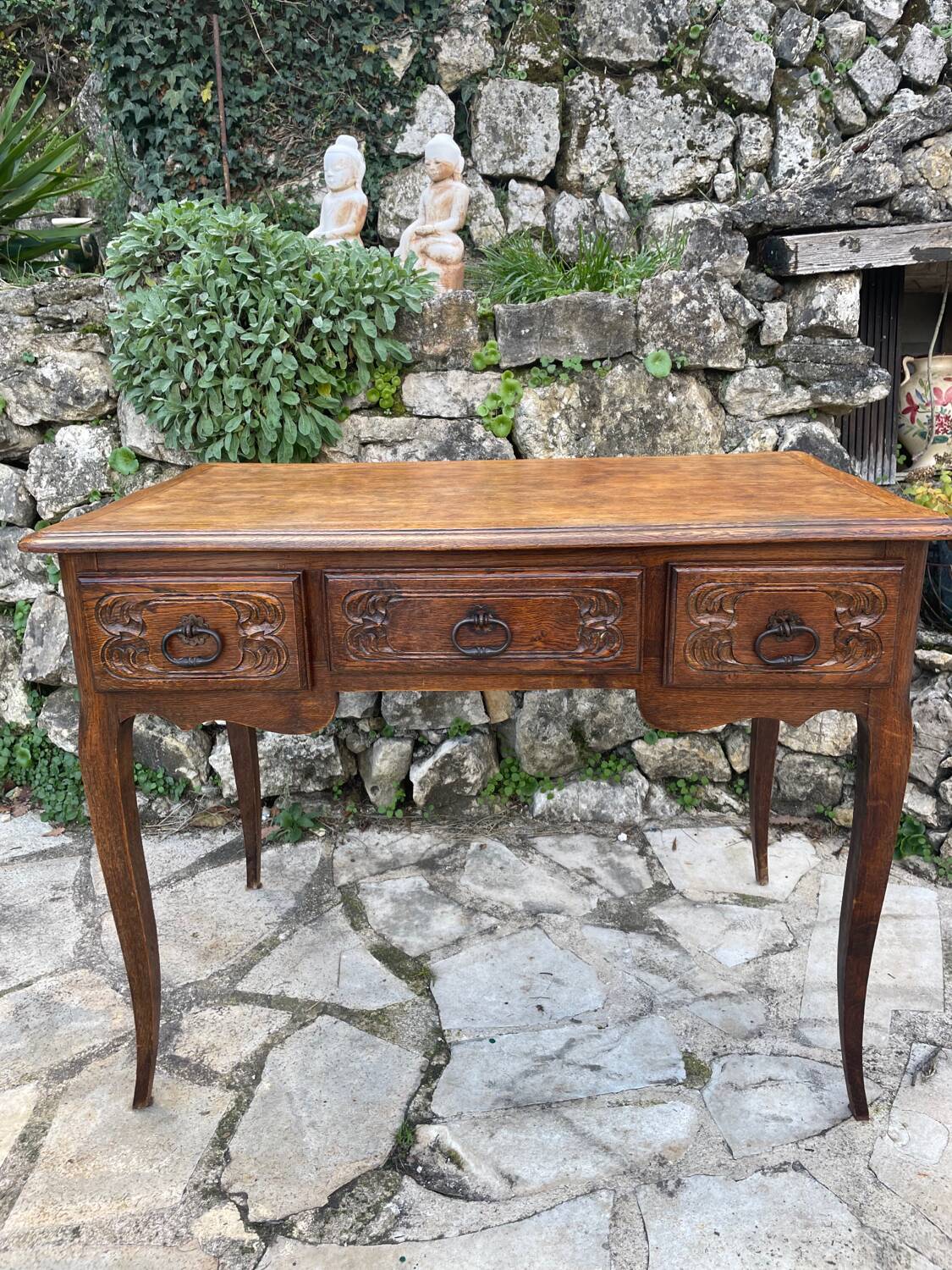 Louis XV style carved solid oak writing table, 19th century