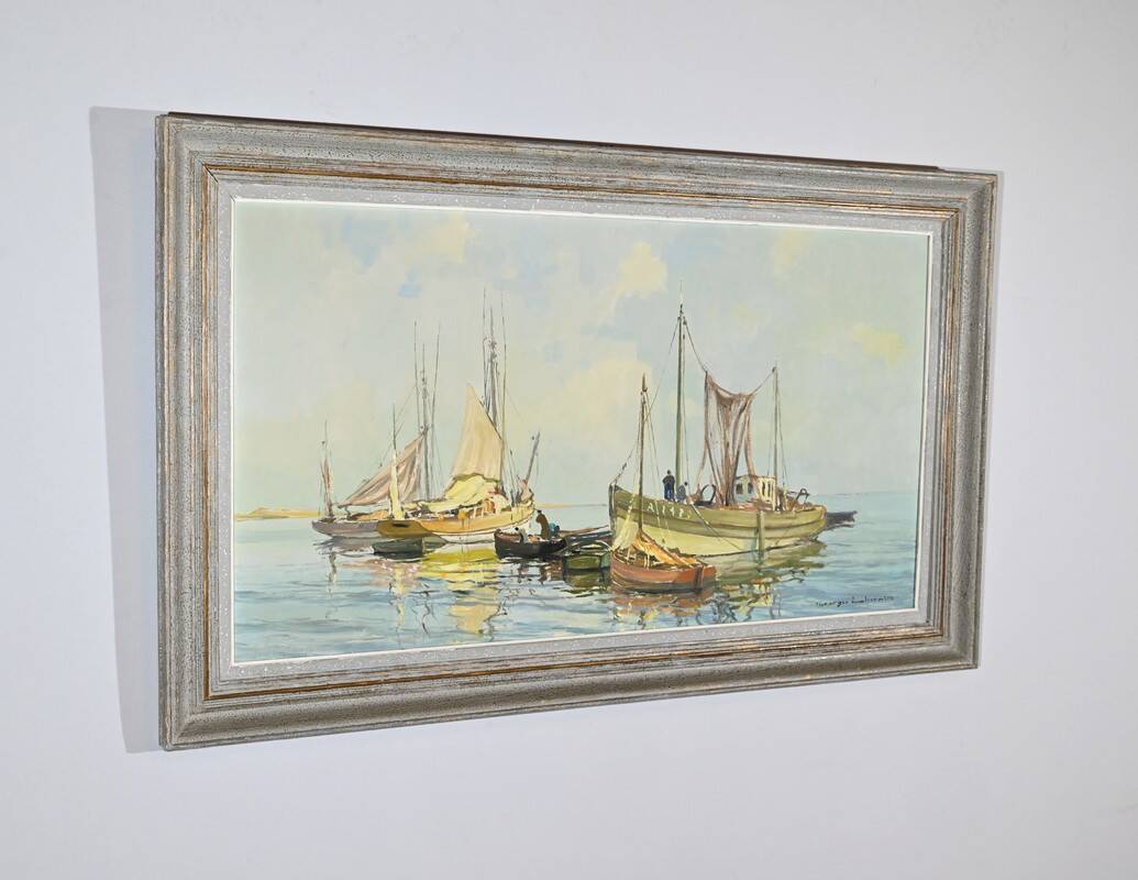 Oil Painting on Hardboard “Trawler and Tuna Boats”, signed G.Lhermitte – Mid 20th century