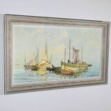Peinture à l’Huile sur Isorel « Chalutier et Thoniers », signée G.Lhermitte – Milieu XXe