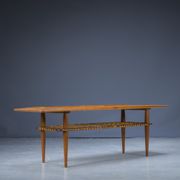 Table basse mid-century en teck et rotin