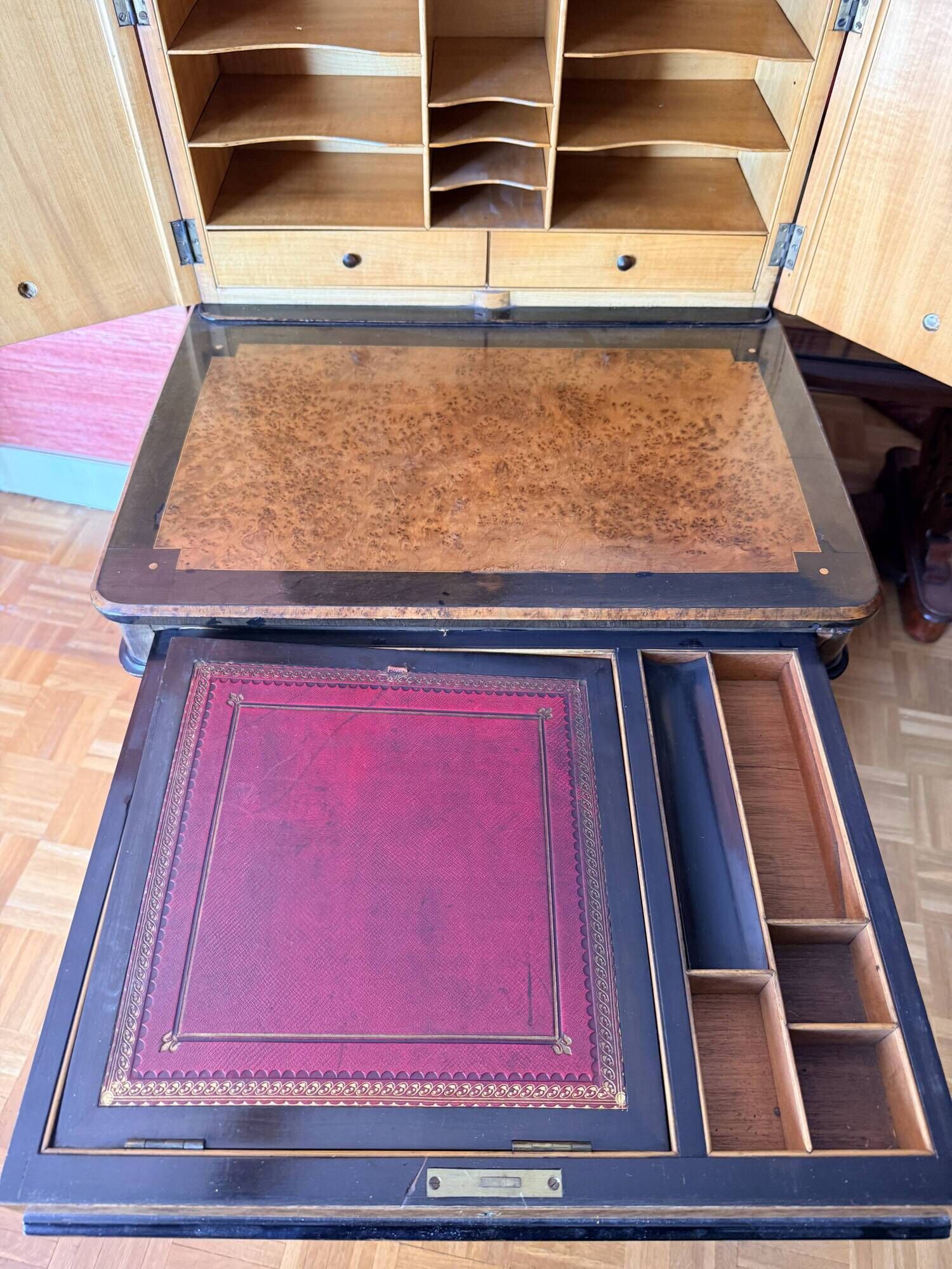 Victorian-era blackened wood and burr walnut Davenport.