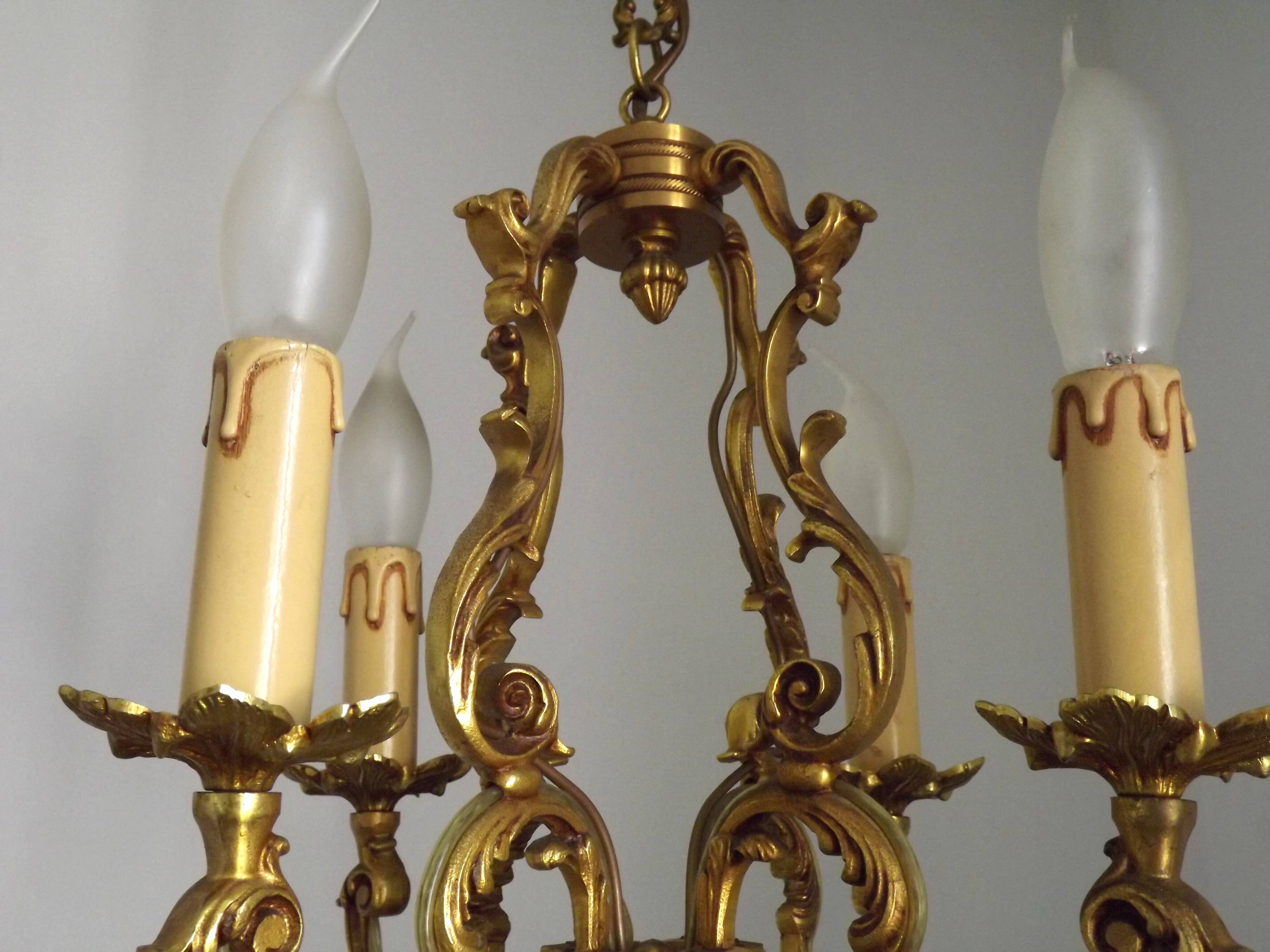 French Vintage Bronze Art Nouveau Style 4 Light 4 Sided Cage Chandelier