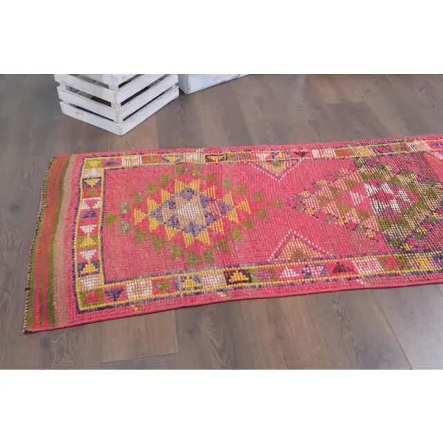 1970s Turkish Hand-Knotted Wool Cotton Pink Runner 79x371