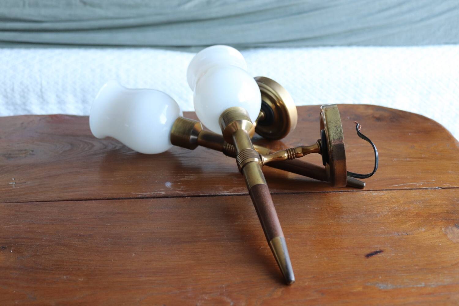 Pair of vintage Lunel house wood and brass wall lights