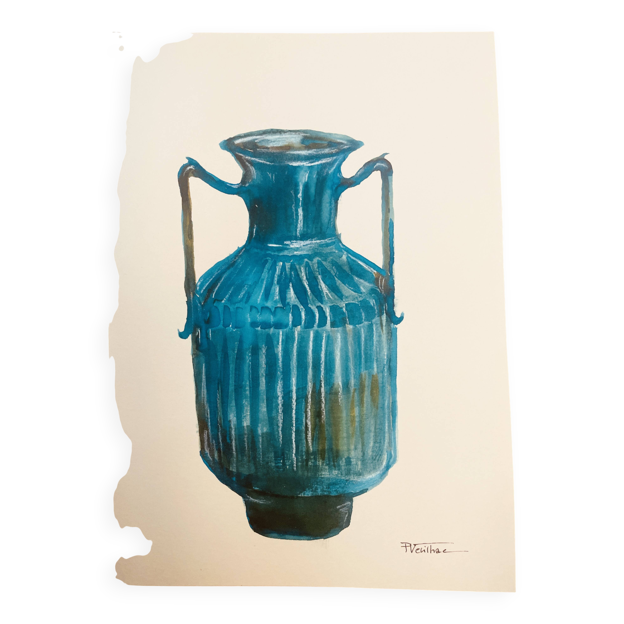 Signed watercolor and ink painting Vase Wabi Sabi collection China