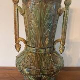 Vase amphore ancien en barbotine – Faïence décor grec antique – Signé 0E V