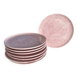 Set of 8 signed pink ceramic dessert plates - Artisan tableware
