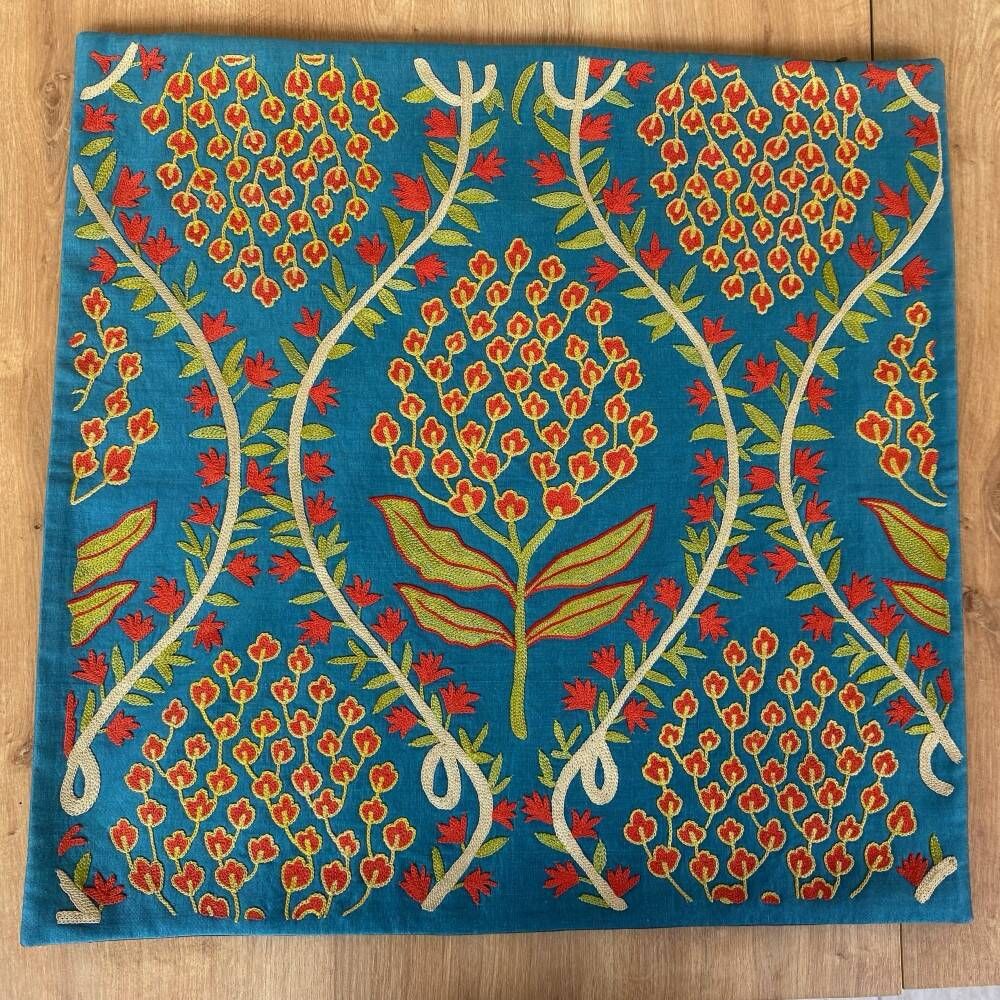 Silk Embroidered Floral Cushion Cover. Blue Throw Pillow Case. Traditional Uzbek Accent Pillow.